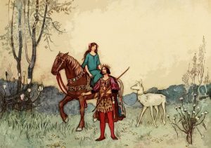 vintage drawing of prince leading horse through landscape with woman sitting sidesaddle on the horse and a white deer tethered behind